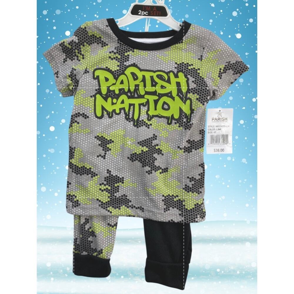 Parish Nation Kids 2-Piece Set Camo Tee & Jogger Pants Lime Gray Black 4T
